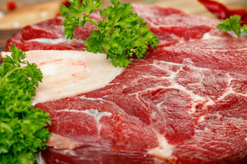 Close up of fresh uncooked rib eye steak, premium meat