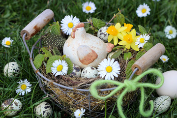 Osternest mit Osterhuhn, Wachteleiern und Blüten