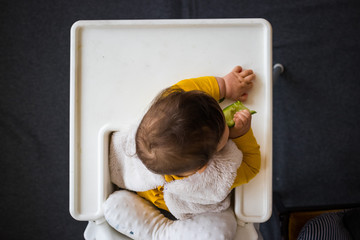 Healthy cute caucasian baby boy have, eat vegan raw supplementary food at home in his highchair. Vegan infant concept. Top above, flat lay view