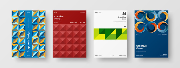 Fototapeta premium Company identity brochure template collection. Business presentation vector A4 vertical orientation front page mock up set. Corporate report cover abstract geometric illustration design layout bundle.