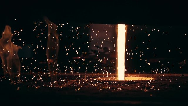 Hot metal pouring out from oven Steel Making Factory, Metallurgy, Heavy Industry