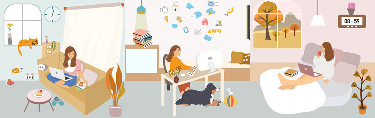 Vector illustration of woman with laptop at home. Concept for work online and other use. Design elements.virus stay home work at home