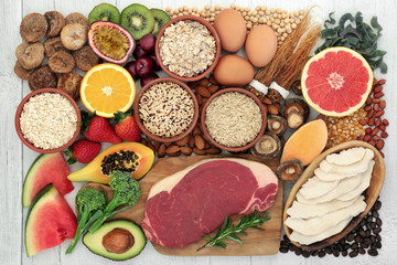 High energy health food for fitness with meat, fish, fruit, vegetables, cereals, pasta, grain, nuts...