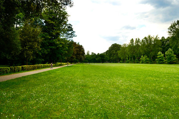 Firenze, Le Cascine park. A wide green meadow surrounded by trees