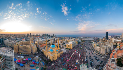 Beirut, Lebanon, 22 November 2019 : sunset drone panorama shot in Martyr square, on Lebanon...