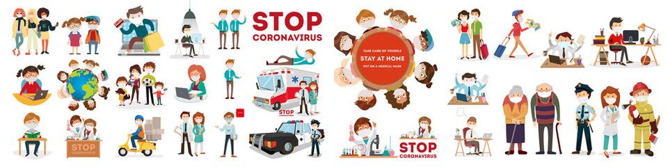 Put on a medical mask. The world is struggling with an outbreak of coronavirus. do not panic and stay home for your safety. take care of yourself. Vector graphics
