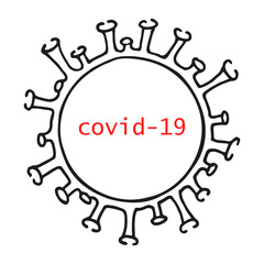 covid-19 Single hand drawn coronavirus molecule icon. In doodle style, black outline isolated on a white background. Element for card, poster, social media banner, sticker, logo. Vector illustration