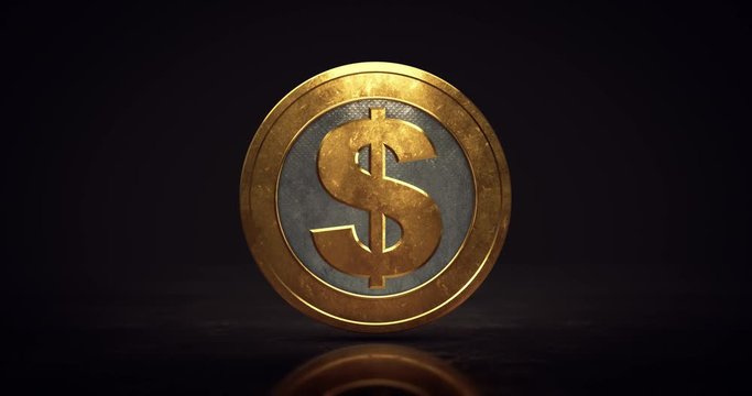 Rotating golden Dollar coin above floor on dark background. Currency 4k loop animation. Business and finance 3D object animation.