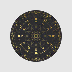 Vector illustration set of moon phases. Different stages of moonlight activity in vintage engraving style. Zodiac Signs