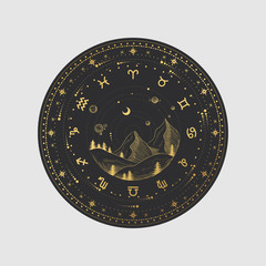 Vector illustration set of moon phases. Different stages of moonlight activity in vintage engraving style. Zodiac Signs