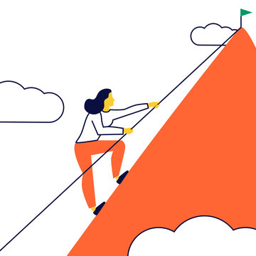 Mujer sube con decisi&oacute;n la monta&ntilde;a para alcanzar su objetivo. Conceptos de no rendirse, fuerza y poder.