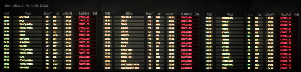 Flight departure board. Cancelled and delayed flights
