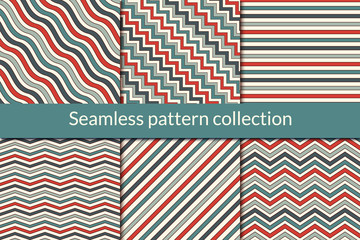 Obraz premium Striped seamless pattern collection. Classic geometric background set. Zig zag, horizontal, diagonal lines print kit