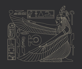 image of egyptian god in retro engraving style. tattoo sketch, print on a leaflet, design creation. cosmic elements of the sun and moon. Vector graphics - obrazy, fototapety, plakaty