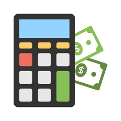 Commerce cost calculation icon in flat style. Calculator and money sign.