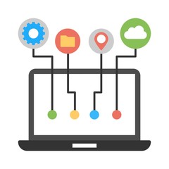 Laptop icon in flat style. Computer system, cloud, location and settings icon.