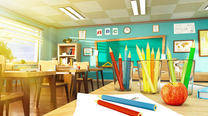 Red apple, glasses with colorful pencils and white paper on a table in empty school classroom closed on quarantine. 3D rendering illustration. Back to school background template