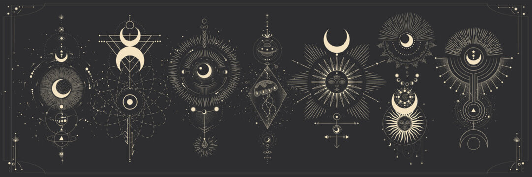 Fototapeta Vector illustration set of moon phases. Different stages of moonlight activity in vintage engraving style. Zodiac Signs
