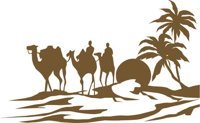 Погонщик верблюдов в пустыне с пальмами