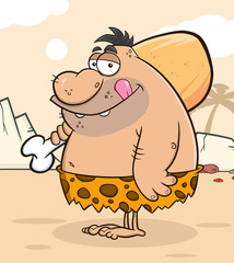Obraz premium Fat Caveman Cartoon Character With Big Chicken Leg. Vector Illustration With Background