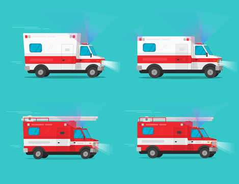 Ambulance and firetruck emergency cars or fire engine truck and medical emergency vehicle automobiles moving fast with siren flasher light vector flat cartoon illustration clipart image