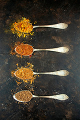 Types of various spices in spoons on a dark table. Cooking food. Flat lay.