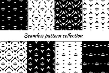 Diamonds, rhombuses, lozenges, triangles, shapes seamless patterns collection. Folk prints. Ethnic ornaments set