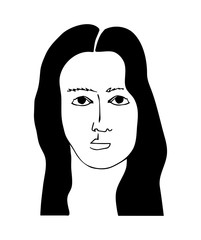 Illustration with woman portrait. Black and white minimalist graphic silhouette.  Art of women face and hairstyle.
