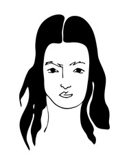 Illustration with woman portrait. Black and white minimalist graphic silhouette.  Art of women face and hairstyle.