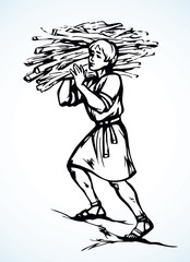 Man carries firewood. Vector drawing