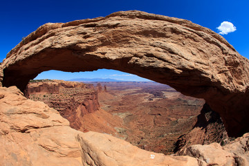 Utah / USA - August 11, 2015: Rock arc at Island In The Sky Canyolands National Park, Utah, USA