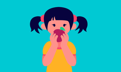 Little girl eating an apple. Vector illustration