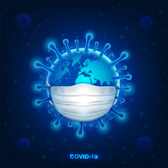 World with mask and coronavirus covid-19 outbreak for social distancing awareness and protecting alert against dangerous disease risk spread. Medical health concept with virus microscopic. Vector 3D