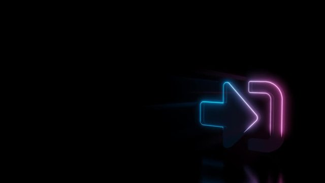 Abstract 3d rendering glowing blue purple neon symbol of right arrow with direction in profile with glowing outlines with rays on black background with reflection
