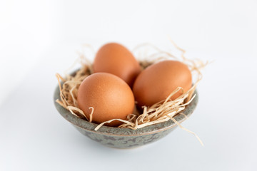 Drei Bio Eier im Osternest mit Heu