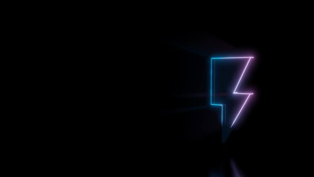 Abstract 3d rendering glowing blue purple neon symbol of lightning with glowing outlines with rays on black background with reflection