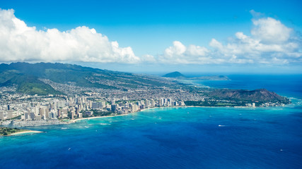 Honolulu skyline from the air over Pacific Ocean - Honolulu, HI, USA, September 17, 2018