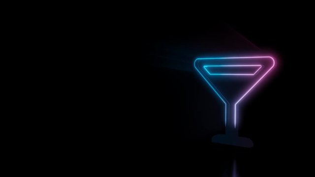 Abstract 3d rendering glowing blue purple neon symbol of full martini glass with glowing outlines with rays on black background with reflection