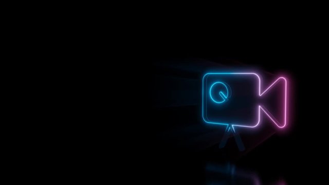 Abstract 3d rendering glowing blue purple neon symbol of camera with stand and film disc with glowing outlines with rays on black background with reflection