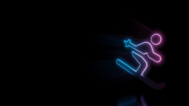 Abstract 3d rendering glowing blue purple neon symbol of skiing figure with glowing outlines with rays on black background with reflection