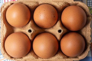 Half dozen brown eggs with eggs carton