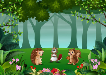 Naklejka premium Illustration of various animals in the dark forest