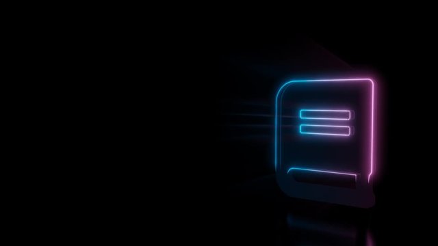 Abstract 3d rendering glowing blue purple neon symbol of close book with glowing outlines with rays on black background with reflection