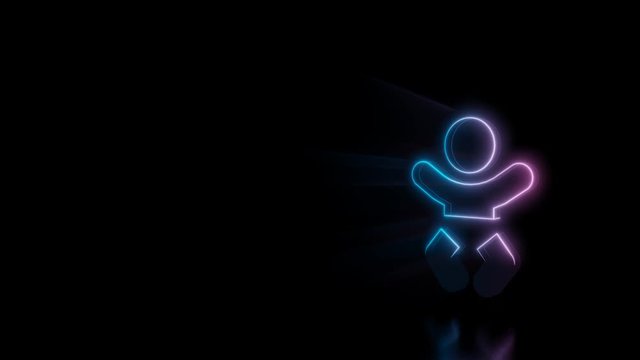 Abstract 3d rendering glowing blue purple neon symbol of baby with glowing outlines with rays on black background with reflection