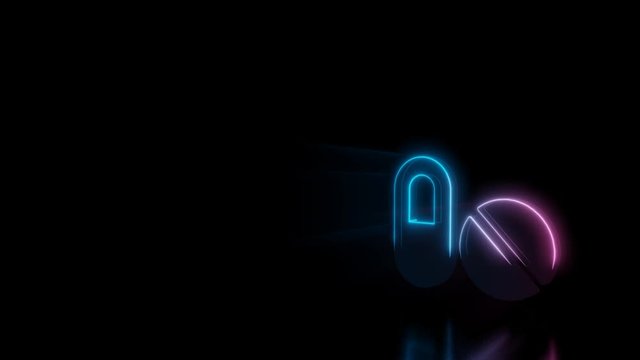 Abstract 3d rendering glowing blue purple neon symbol of medical tablet and capsule with glowing outlines with rays on black background with reflection