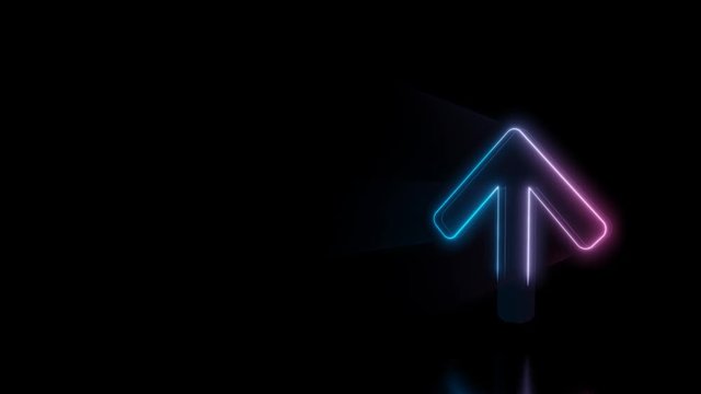 Abstract 3d rendering glowing blue purple neon symbol of simple up open arrow with glowing outlines with rays on black background with reflection