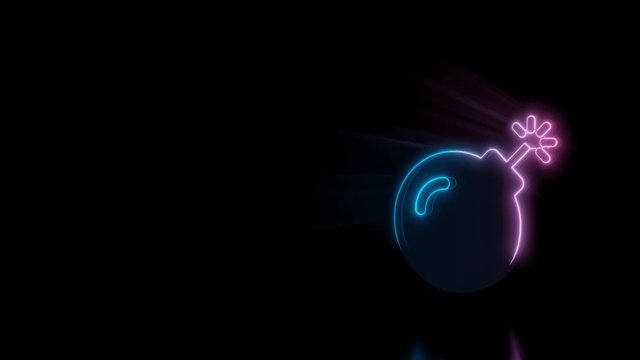 Abstract 3d rendering glowing blue purple neon symbol of bomb with spark with glowing outlines with rays on black background with reflection