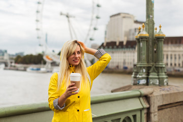 rainy day at london, girl drinking coffee