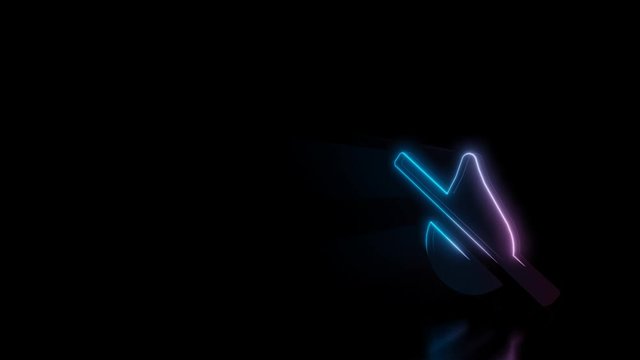 Abstract 3d rendering glowing blue purple neon symbol of drop slash with glowing outlines with rays on black background with reflection