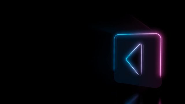 Abstract 3d rendering glowing blue purple neon symbol of caret square left with glowing outlines with rays on black background with reflection